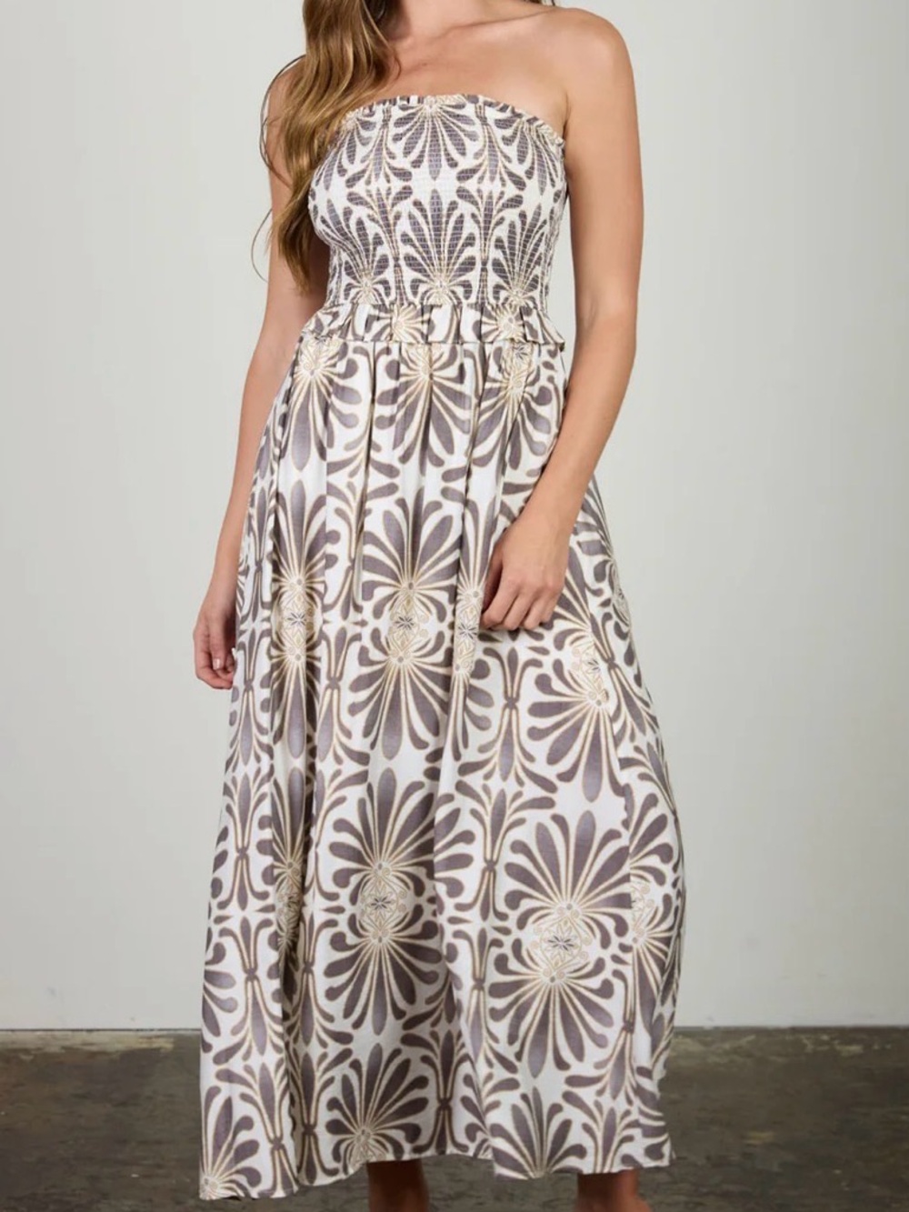 Blu pepper Strapless Printed midi Dress - Cream & Gray